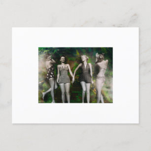 Vier Frauen sonnenbaden. Collage-Kunst Postkarte