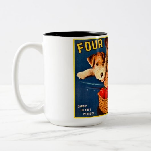 Vier Freunde Vintage Tomatenkassettenhunde Zweifarbige Tasse (Links)