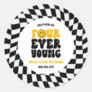 Vier für immer junge Retro-Vierte 4. Geburtstagsfe Runder Aufkleber