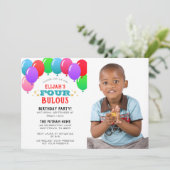 VIER Geburtstag Balloon Blue Foto Einladung (Stehend Vorderseite)
