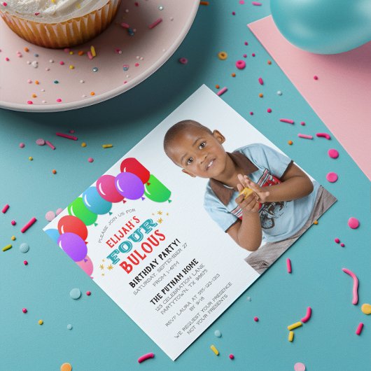 VIER Geburtstag Balloon Blue Foto Einladung