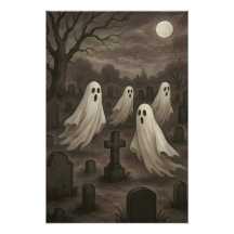 Vier Geister unter dem Vollmond auf dem Friedhof