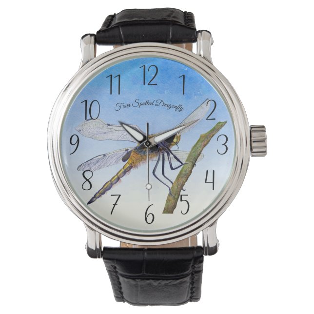 Vier-Gepunktete Chaser Dragonfly Wasserfarbenposte Armbanduhr (Vorderseite)