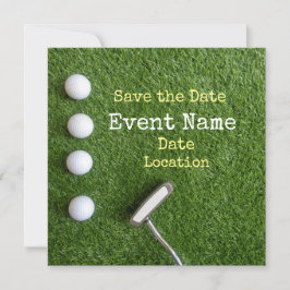 Vier Golfbälle mit Putter Save the Date auf Grün Ankündigung