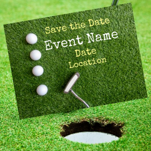 Vier Golfbälle Save the Date mit Putter Ankündigungspostkarte
