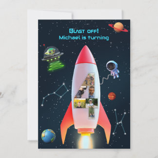 Vier große Fotos | Weltraumbahnhof 4. Geburtstag Einladung