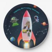 Vier große Fotos | Weltraumrakete 4. Geburtstag Pappteller (Vorderseite)