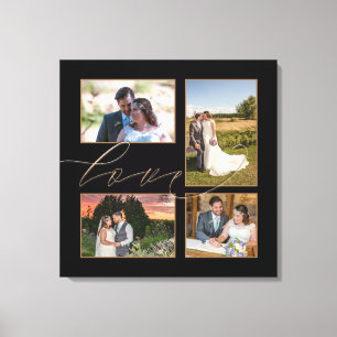 Vier Hochzeitsfotos Collage Love Schrift Schwarz Leinwanddruck