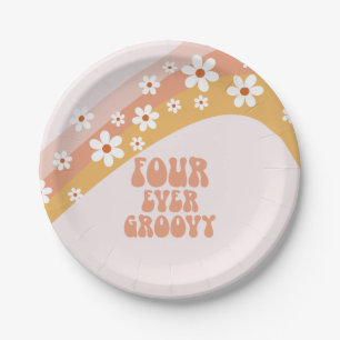 Vier immer Groovy Retro Daisy Regenbogen 4. Geburt Pappteller