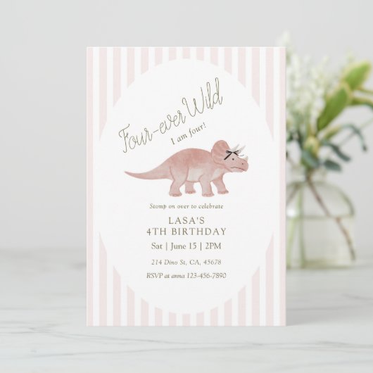 Vier-immer Wilder Dinosaurier-Geburtstag Einladung (Stehend Vorderseite)