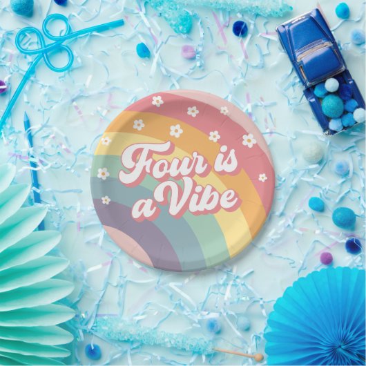 Vier ist ein Vibe Retro 70er Rainbow Daisy Birthda Pappteller (Party)