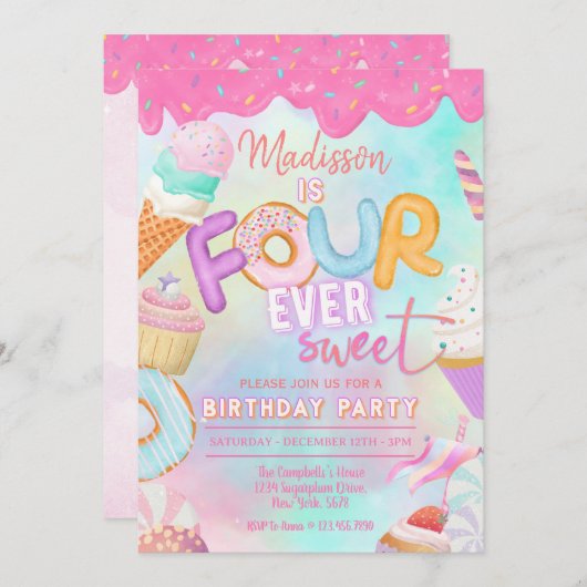 Vier ist so süß einladung (Vorne/Hinten)