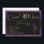 Vier Jahre Überraschung Geburtstag, Lila Einladung<br><div class="desc">Mit zwei markanten Schriftart habe ich Grafiken für Ihre Ankündigung erstellt und sie mit einem Imitat-Metallic-Goldeffekt für ein festliches Ambiente verziert. Obwohl jedes Teil auf den Anzug Ihrer Bedürfnisse verschoben werden kann, lautet der Header "Cheers to 40 Years!" und "Überraschendes Party". ("Überraschung" kann entfernt werden, wenn Ihr Party nicht vorhanden...</div>