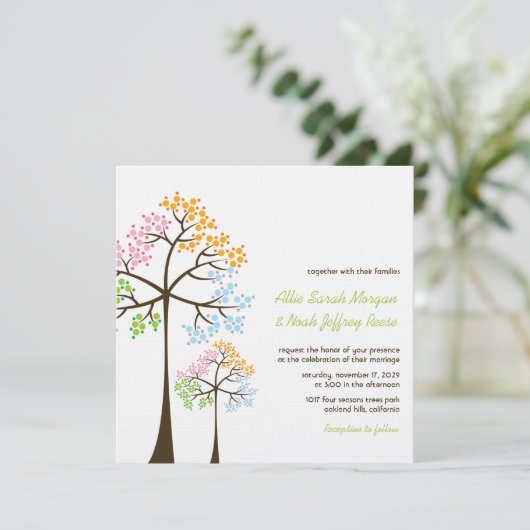 Vier Jahreszeiten Bäume Wald Hochzeit einladen Einladung (Stehend Vorderseite)