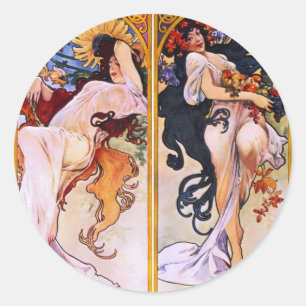 Vier Jahreszeiten durch Kunst-Deko Nouveau Alfons Runder Aufkleber