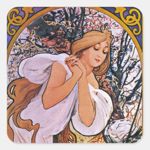 Vier Jahreszeiten von Alfons Mucha Art Deco Nouvea Quadratischer Aufkleber