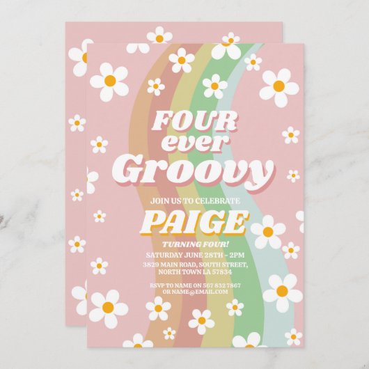 VIER JE Groovy 4th Forever Pink Girl Retro 1970er Einladung (Vorne/Hinten)