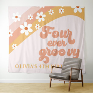 Vier je Groovy Retro Daisy 4. Geburtstagsbanner T Wandteppich