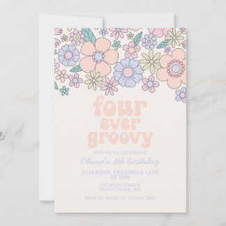 Vier je Groovy Retro Floral 4. Geburtstag Einladung