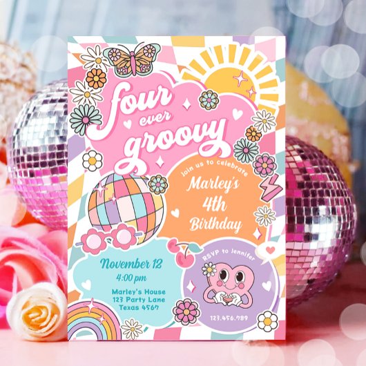 Vier je Groovy Retro Preppy Varsity Birthday Einladung