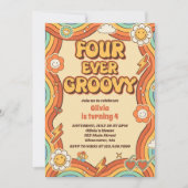 Vier je Groovy Retro Regenbogen 4. Geburtstag Einladung (Vorderseite)