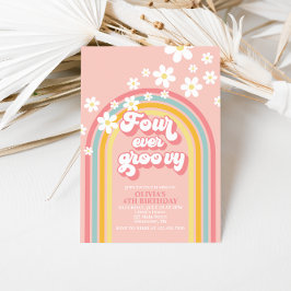 Vier je Groovy Retro Regenbogen 4. Geburtstag Einladung