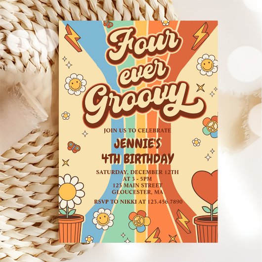 Vier je Groovy Retro Regenbogen 4. Geburtstag Einladung