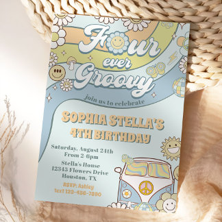 Vier je Groovy Retro Regenbogen 4. Geburtstag Einladung