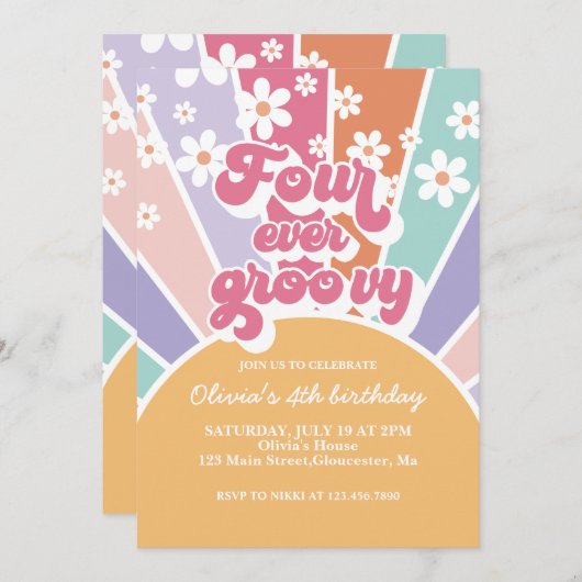 Vier je Groovy Retro Sunshine Rainbow Daisy Einladung (Vorne/Hinten)