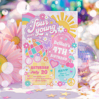 Vier Junge Groovy Regenbogen 4. Geburtstag Party Einladung
