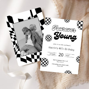 VIER Junge schwarze Retro Jungs 4. Geburtstag Einladung