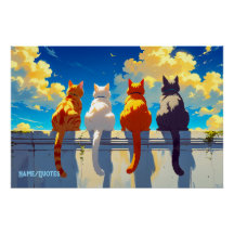 Vier Katzen beobachten den Sonnenuntergang