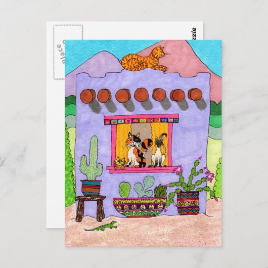 Vier Katzen in einem Lila Adobe House Postkarte (Vorne/Hinten)
