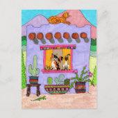 Vier Katzen in einem Lila Adobe House Postkarte (Vorderseite)