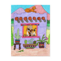 Vier Katzen in einem Lila Adobe House