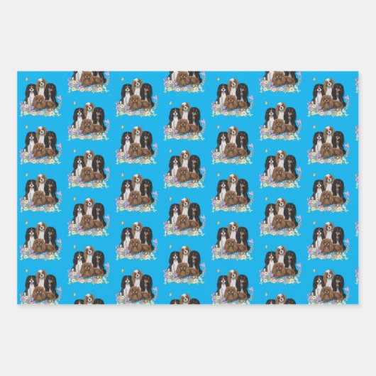 Vier Kavalier King Charles Spaniels in Blume Geschenkpapier Set (Vorderseite 3)