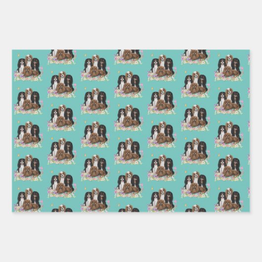 Vier Kavalier King Charles Spaniels in Blume   Geschenkpapier Set (Vorderseite 2)