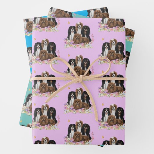 Vier Kavalier King Charles Spaniels in Blume Geschenkpapier Set (Beispiel)