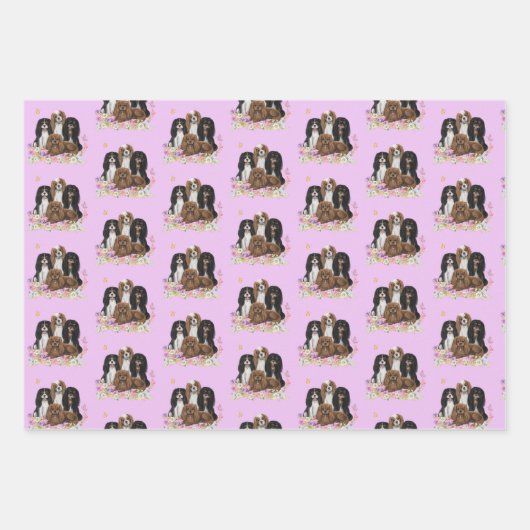 Vier Kavalier King Charles Spaniels in Blume Geschenkpapier Set (Vorderseite)