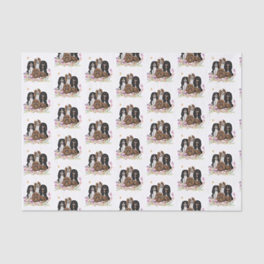 Vier Kavalier King Charles Spaniels in Blume Seidenpapier (Vorderseite)