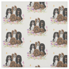 Vier Kavalier King Charles Spaniels in Blume  Stoff