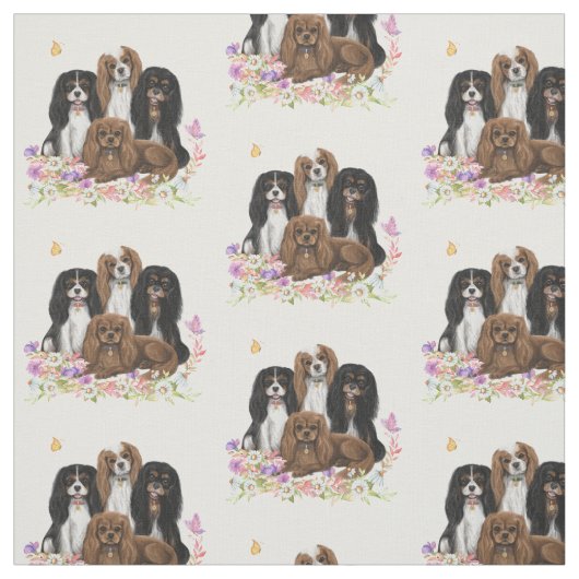 Vier Kavalier King Charles Spaniels in Blume  Stoff (Muster)