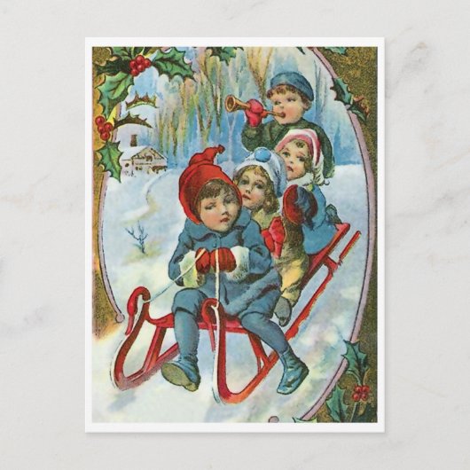 Vier Kinder auf Schlitten, Winter, Vintager Urlaub Postkarte (Vorderseite)