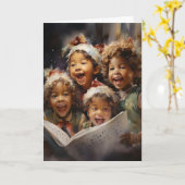 Vier Kinder singen AI Assisted Art Weihnachten Karte (Gelbe Blume)