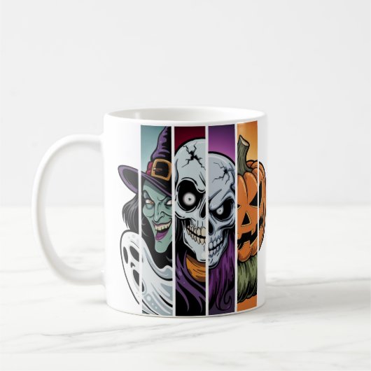 vier klassische Halloween-Charaktere. Kaffeetasse (Links)