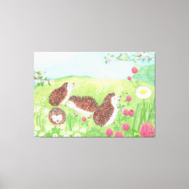 Vier kleine Igel auf der Wiese Leinwanddruck