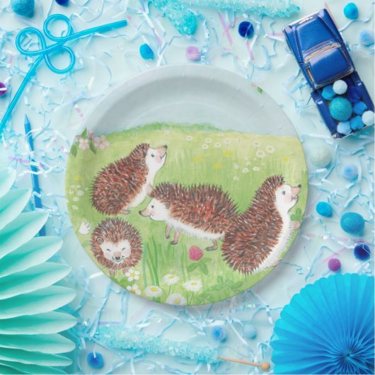 Vier kleine Igel auf der Wiese Pappteller (Party)