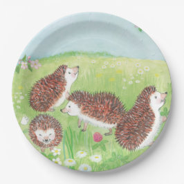 Vier kleine Igel auf der Wiese Pappteller