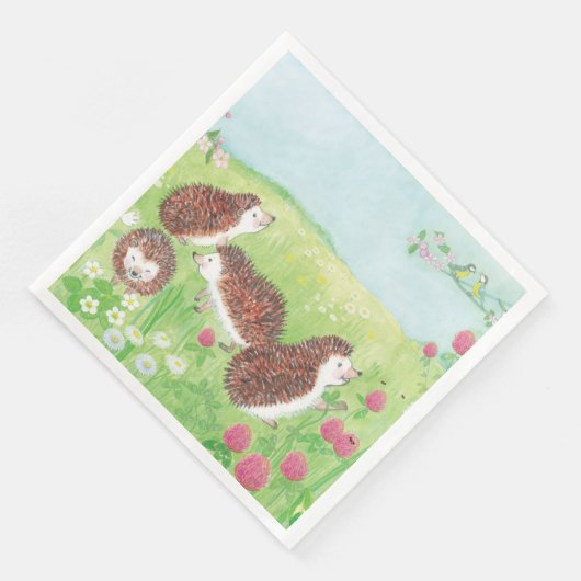 Vier kleine Igel auf der Wiese Serviette (Ecke)