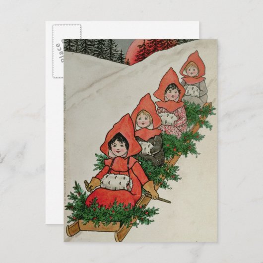 Vier kleine Mädchen auf einem Schlitten Postkarte (Vorne/Hinten)